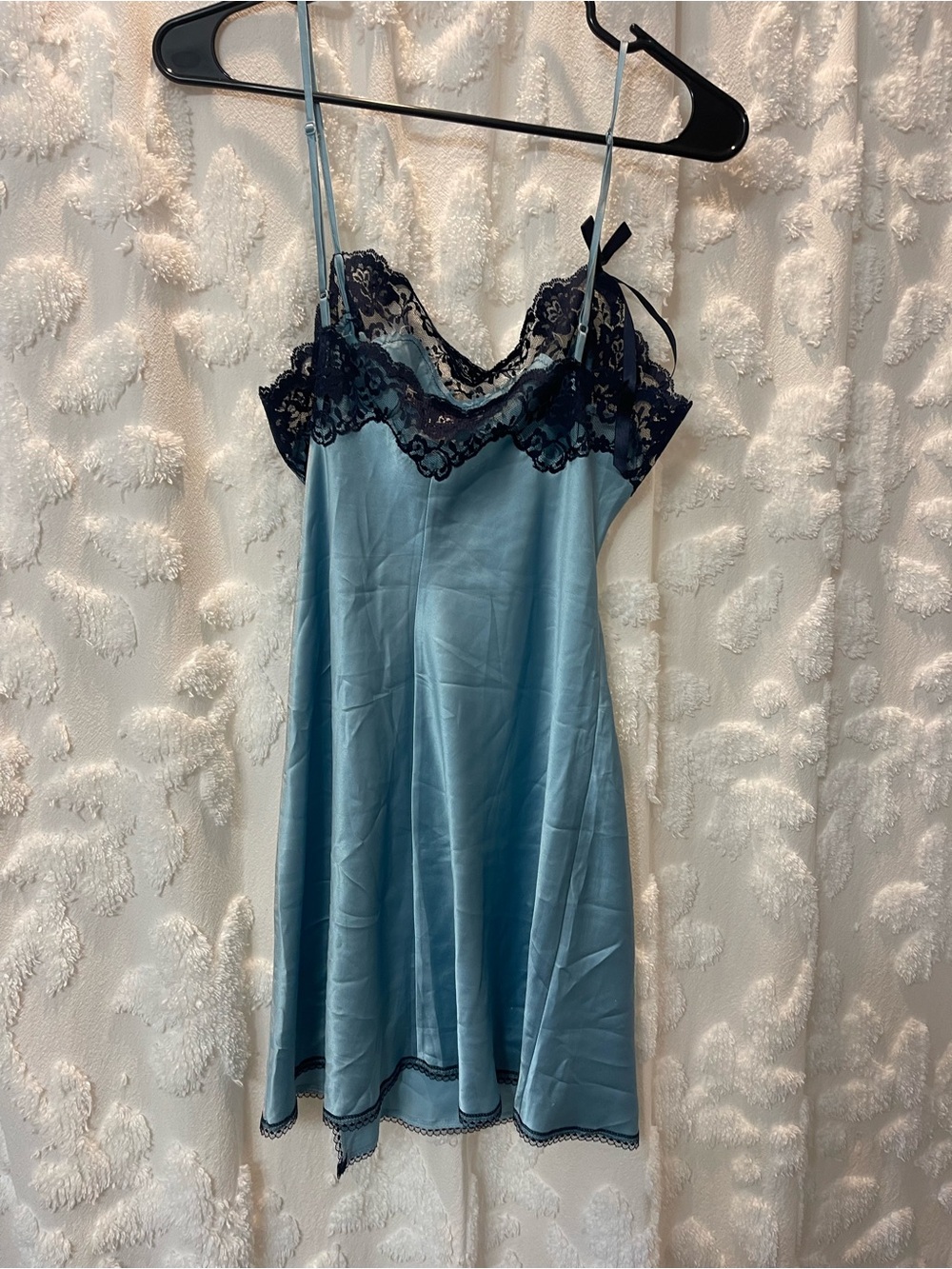 Victoria's Secret Light Blue Satin Slip Dress with Navy Lace Trim - Picture 6 of 6